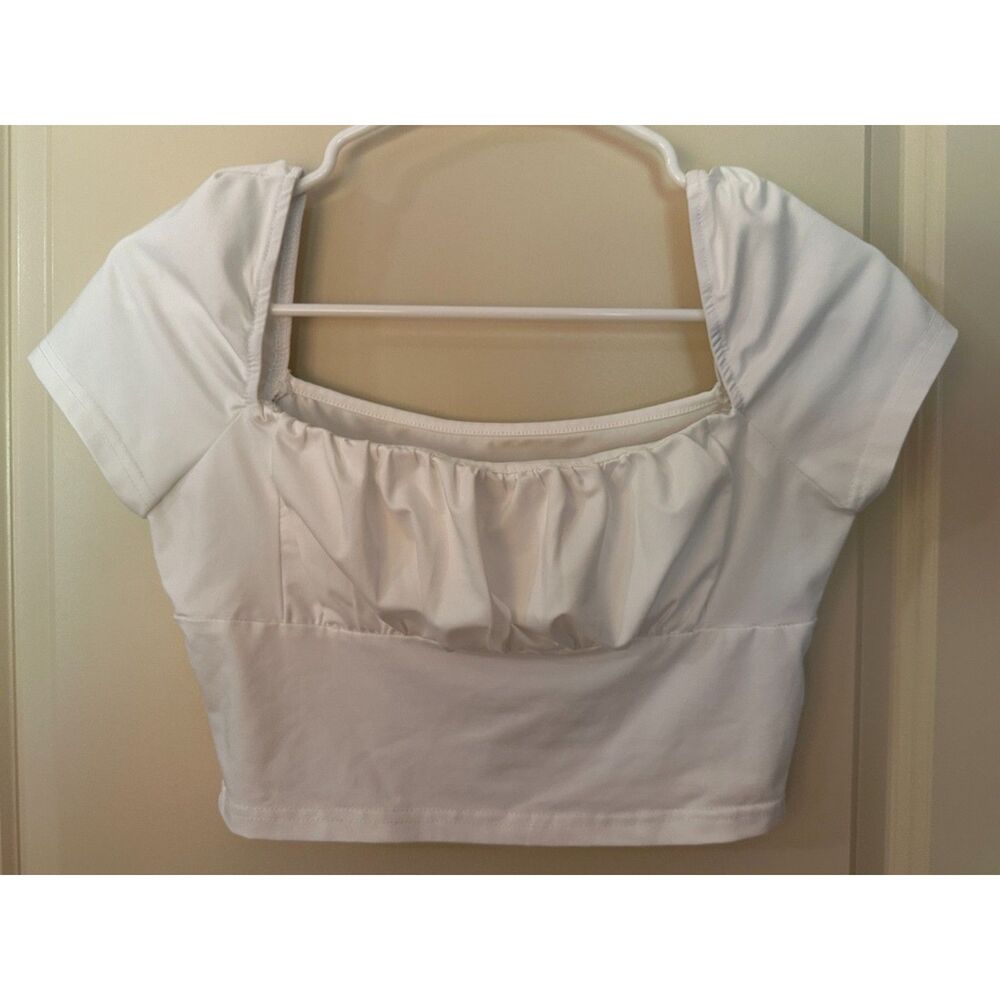 Shein White Babydoll Scrunched Square Neckline Top Women's Sz Medium
